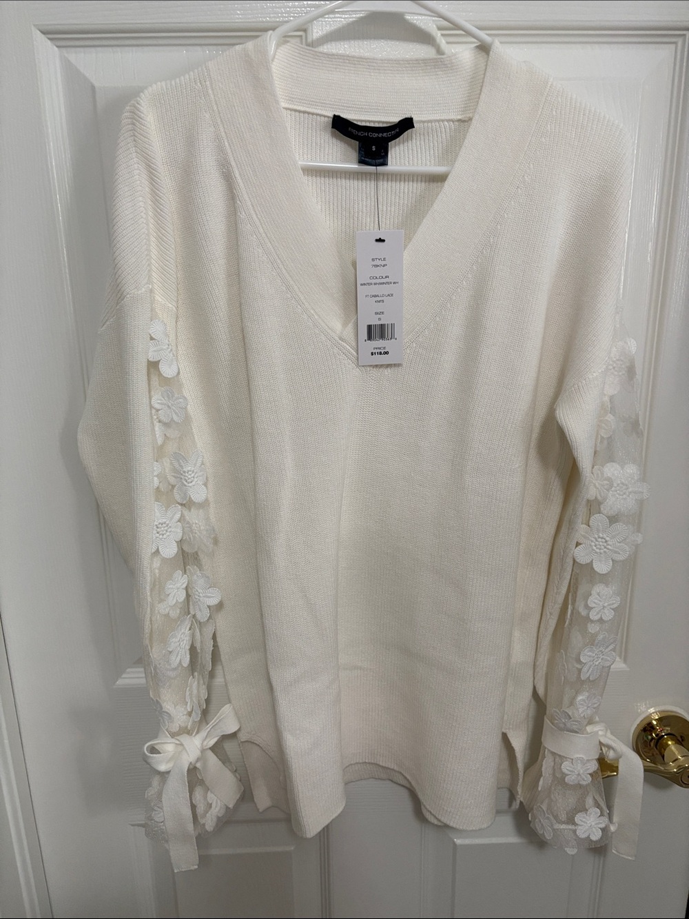 French Connection Ivory V-Neck Sweater with Floral Lace Sleeves NWT